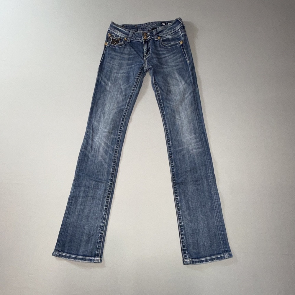 Miss Me Women's Medium Wash Blue Straight Leg Jeans Size 27x33 Flap Pockets